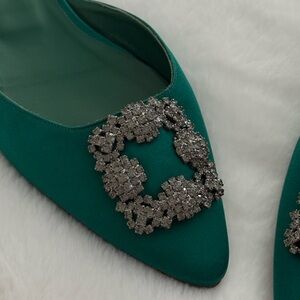 Manolo Blahnik Green Satin Crystal Buckle Mules Size 40